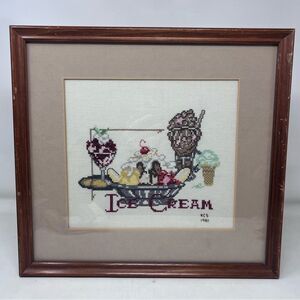 1981 Cross stitch Ice Cream Banana Split Sundae 14x13 Framed & Matted